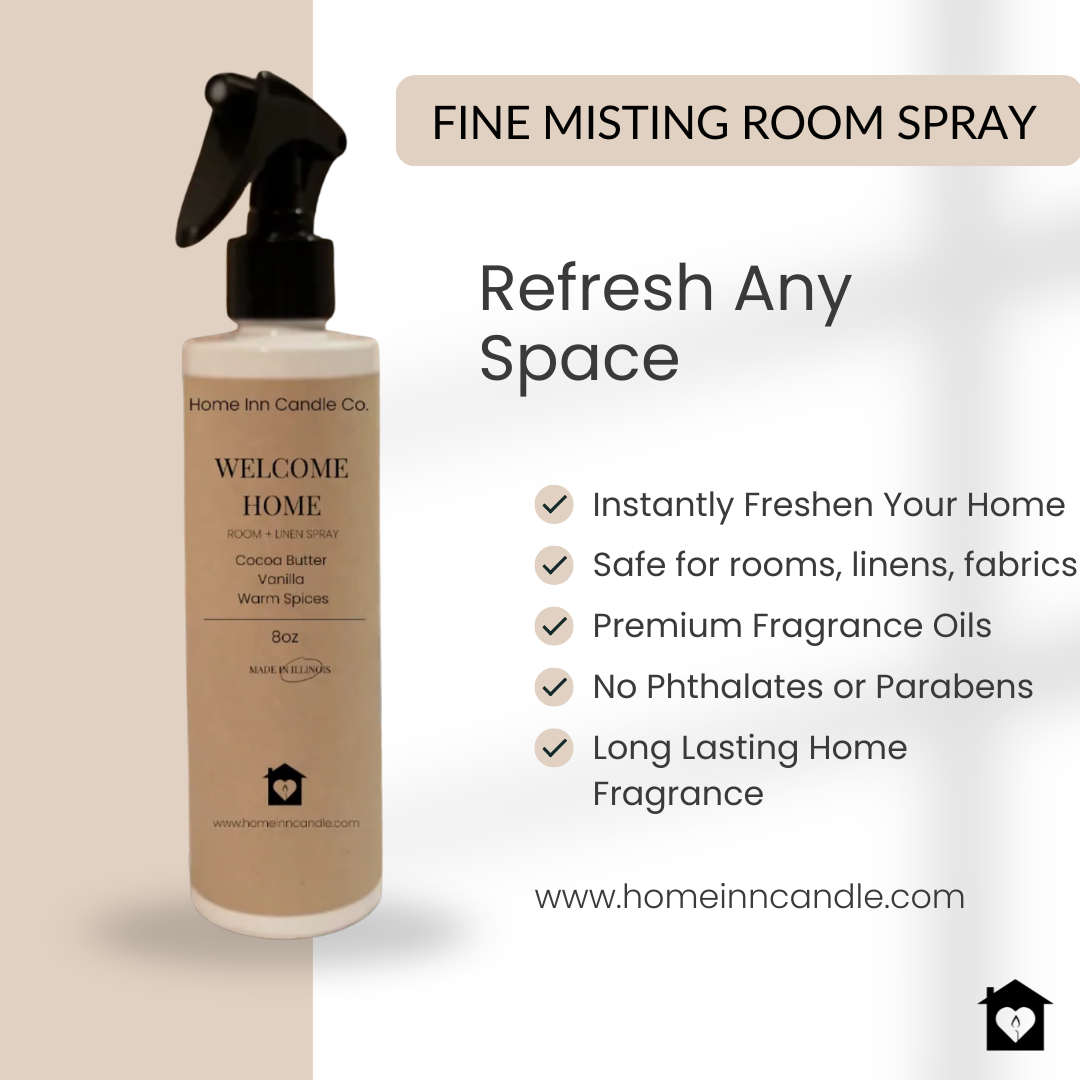 A bottle of Home Inn Candle Co. 'Welcome Home' fine misting room spray with a black trigger sprayer and beige label, shown next to text highlighting product benefits on a light beige and white background.
